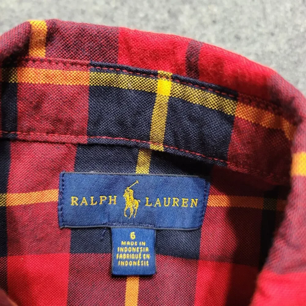 Ralph Lauren Shirt Boys 6 Red Plaid Button Down Youth Kids Preppy Cotton Pony
